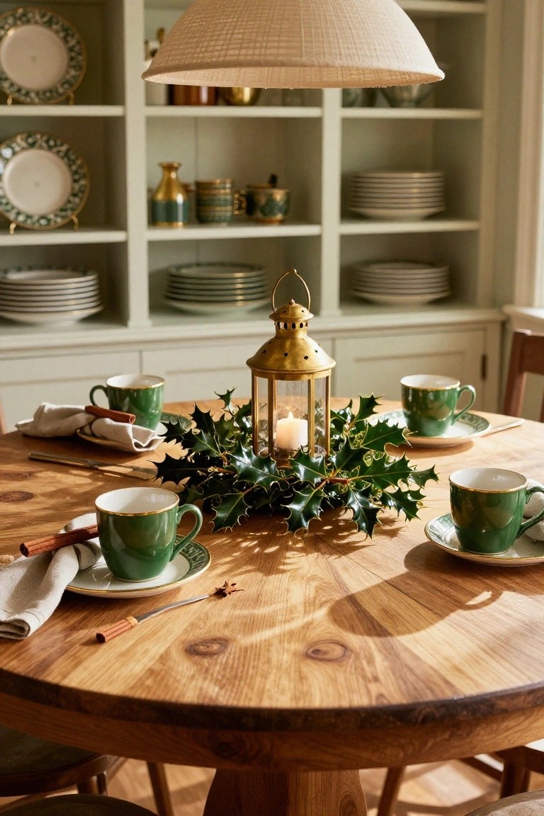 Round wooden table with holly wreath centerpiece around a gold lantern and candle, green and gold teacups on saucers, napkins, cinnamon sticks, and utensils, open shelves with dishes in background.