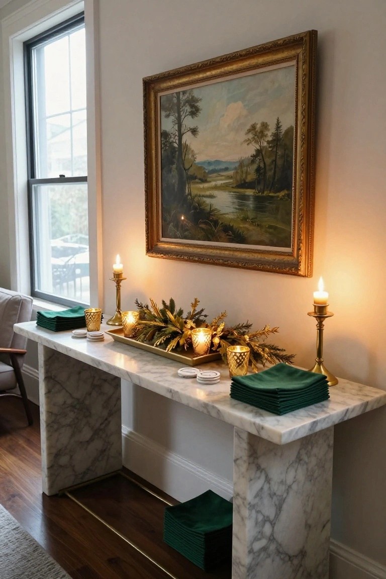 Marble console table decorated with stacked green napkins, gold-rimmed glassware, brass tray of gilded greenery and votives, flanked by brass candelabras with lit candles, under a gold-framed landscape painting beside a window in a light room.