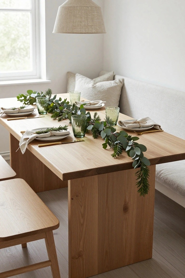 Wooden dining table with built-in bench seating in a bright room, decorated with a long green eucalyptus and fir branch garland runner, green glass tumblers, white plates, linen napkins tied with twine, and gold utensils.