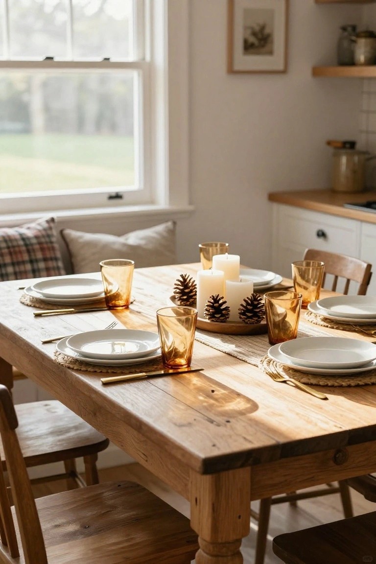 Wooden dining table set for six with white plates on rattan placemats, amber glasses, gold flatware, and a centerpiece of white candles and pinecones on a wooden tray in a bright kitchen.