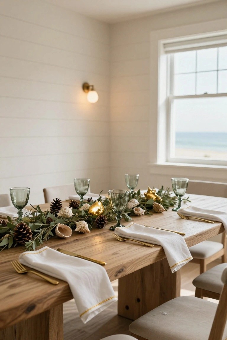 Wooden dining table in a white shiplap room with ocean view, set for Christmas using green glassware, gold flatware and ornaments, white napkins with gold trim, and a centerpiece garland of eucalyptus, pinecones, and shells.