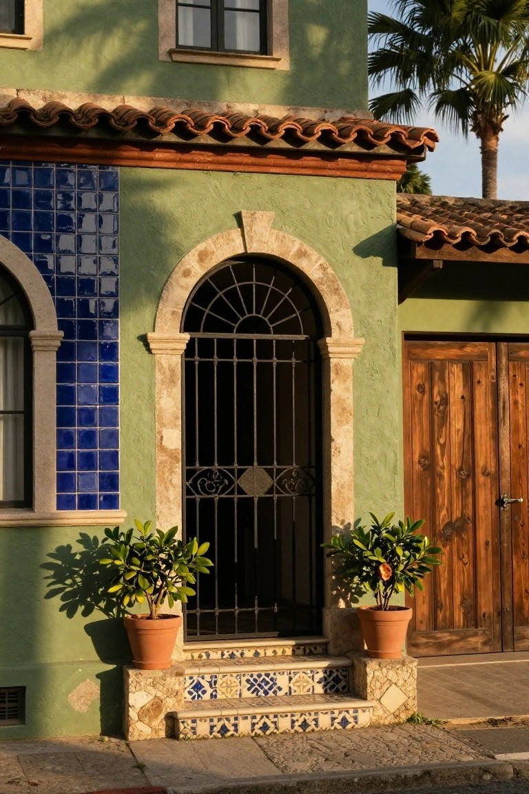 Green stucco house exterior corner with arched wrought iron gate entry framed by blue tiles, potted plants on stone bases beside tiled steps, wooden garage doors, and terracotta roof tiles.