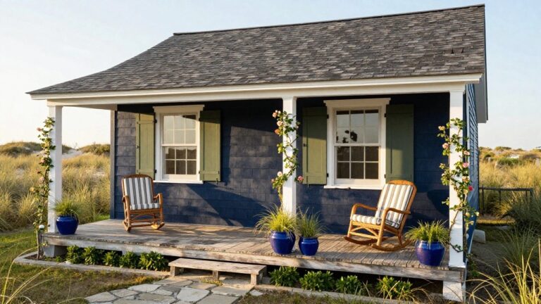 15 Green and Navy House Exteriors That Balance Bold Tones Navy blue shingle-sided cottage with green shutters flanking a glass-paneled white door, wicker rocking chair with cushions on the porch, large blue pots with grasses, climbing pink roses on porch post, and dune grasses nearby.