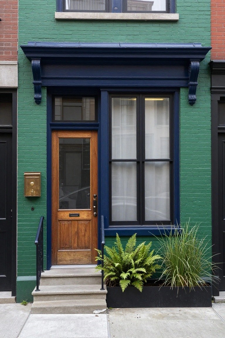 Green brick townhouse facade with navy blue trim around the wooden front door and windows, brass mailbox mounted on the wall, sheer curtains in windows, metal railing on concrete steps, and black planters with ferns and grasses beside the entry.