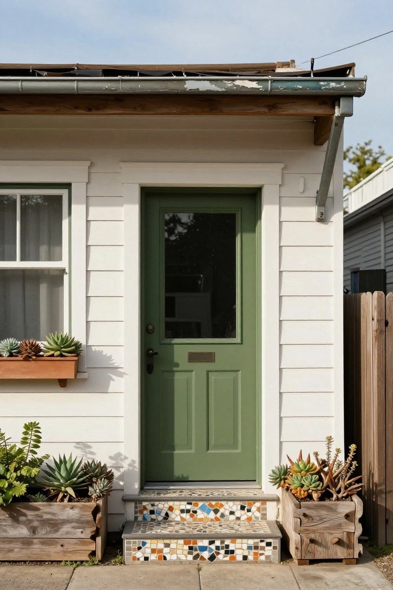 White clapboard house exterior featuring a green paneled front door with glass insert, adjacent window, colorful mosaic tile steps, and wooden planters with succulents on either side.
