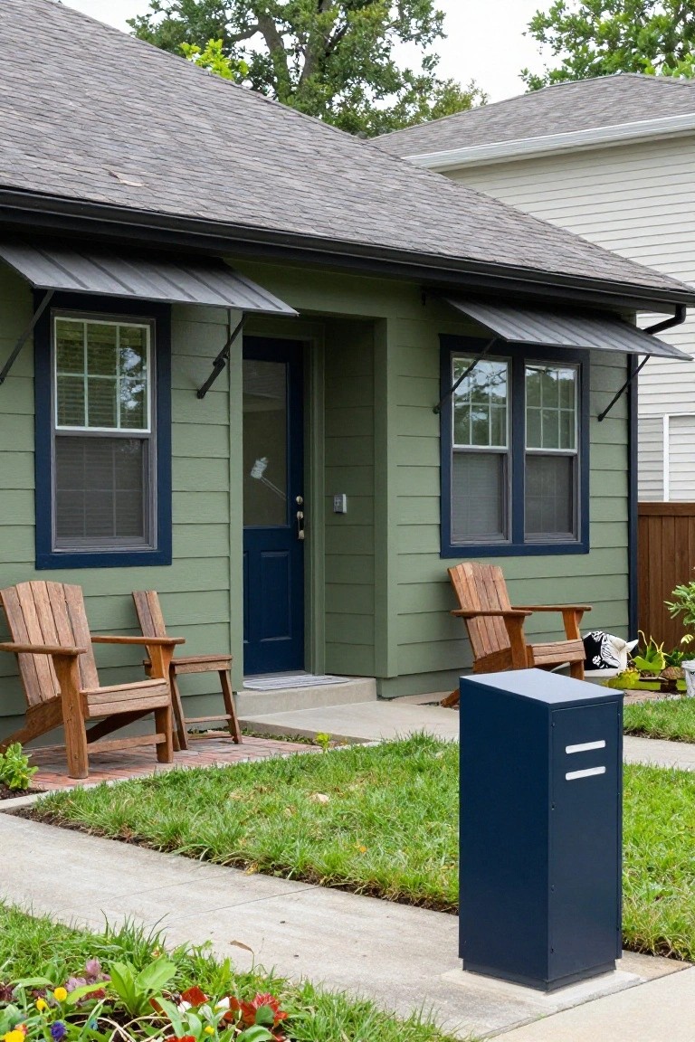 Front exterior of a sage green house with navy blue door, window frames, and awnings, wooden Adirondack chairs on a brick porch area, tall blue mailbox, and lawn with plants.