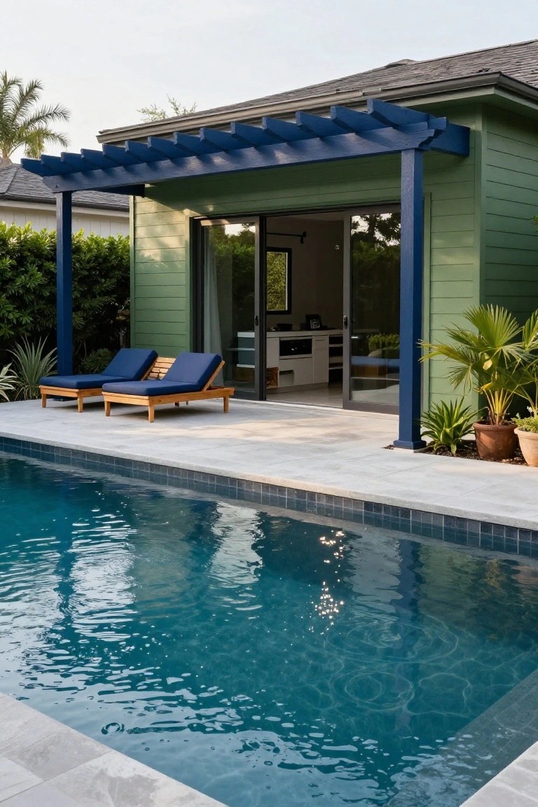 Sage green pool cabana with navy blue pergola, open glass doors, built-in cabinets inside, two navy chaise lounges on gray tile deck beside rectangular turquoise pool and potted plants.