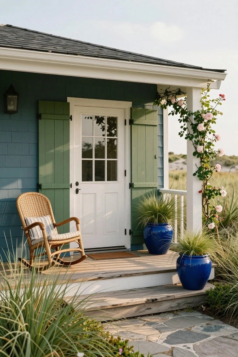 Navy blue shingle-sided cottage with green shutters flanking a glass-paneled white door, wicker rocking chair with cushions on the porch, large blue pots with grasses, climbing pink roses on porch post, and dune grasses nearby.