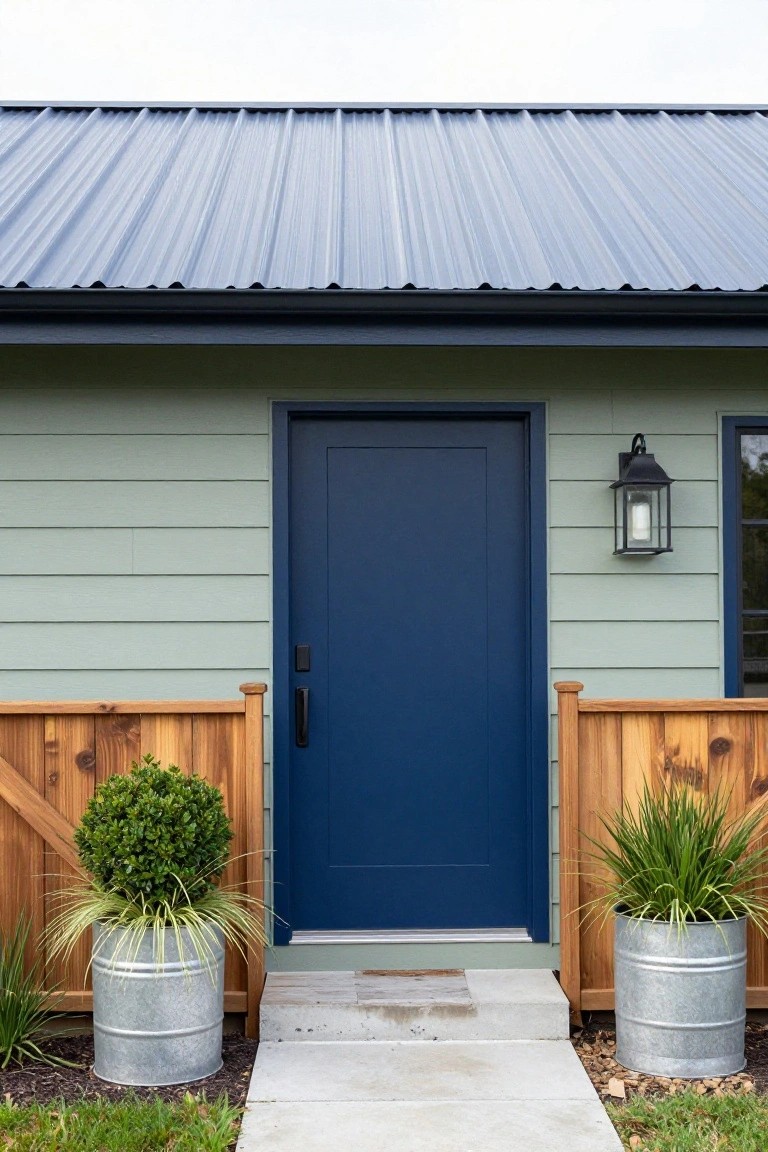 Pale green clapboard house exterior featuring a navy blue front door, black lantern light, wooden fence sections with potted plants in galvanized metal buckets, dark metal roof, and concrete entry path.