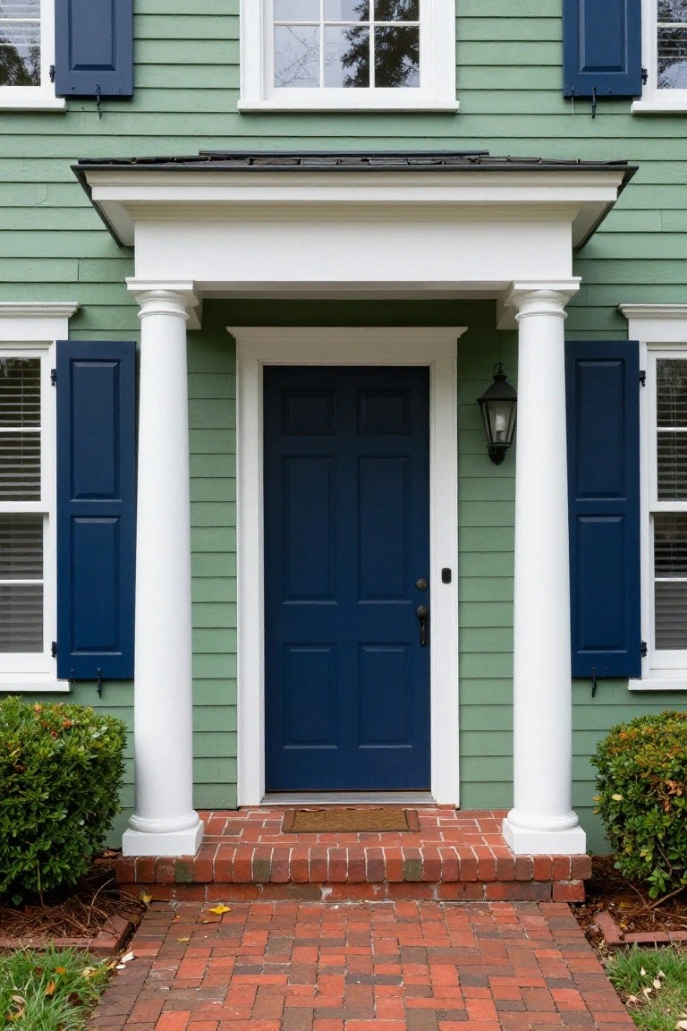 Green clapboard house exterior featuring a centered navy blue front door under a white portico supported by two white columns, with matching navy shutters on flanking windows and brick steps leading to a welcome mat.