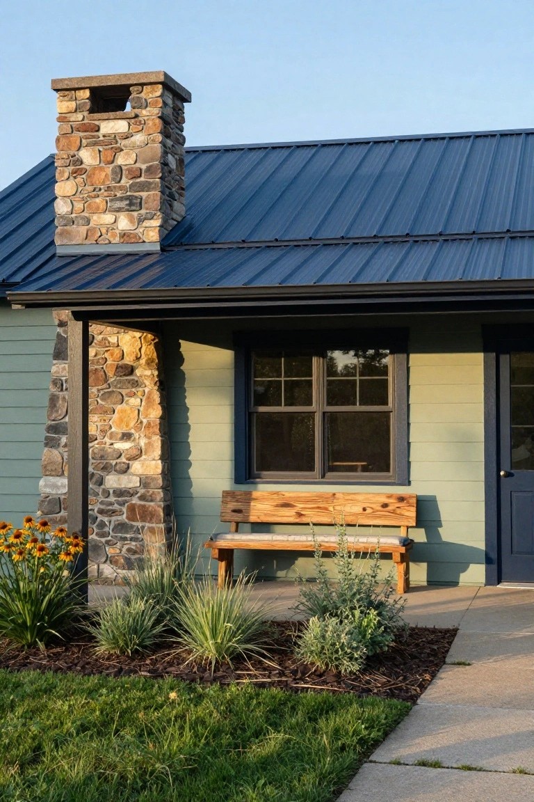 Side exterior of a house featuring sage green siding, navy blue metal roof, tall stone chimney, wooden bench under a window next to a blue door, with flowers and grasses in the landscaped bed and green lawn nearby.