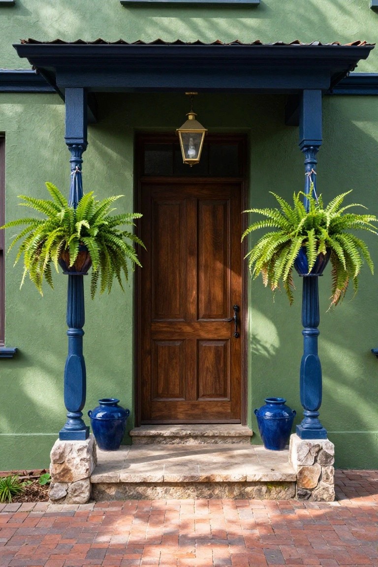 Green stucco house exterior with a wooden paneled front door centered under a navy blue porch supported by carved navy columns, flanked by hanging ferns in blue pots and blue ceramic jars on stone bases, with a brick pathway leading up.