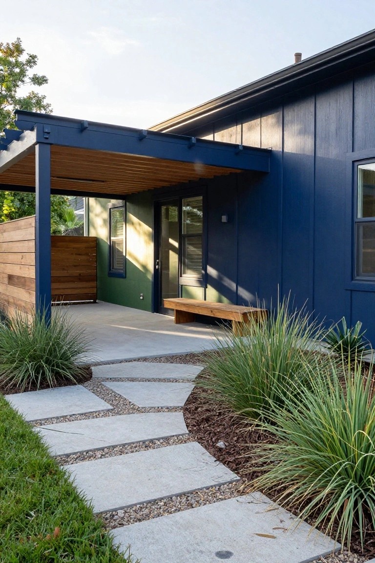 Side view of a modern navy blue house exterior showing a covered entry with wooden slat screen and bench on concrete patio, curved paver pathway edged by grasses and pebbles, and adjacent wood fence.