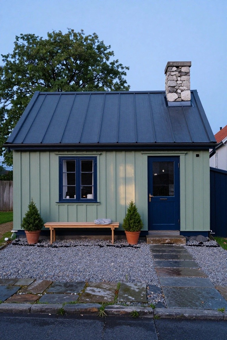 Small single-story house with pale green clapboard siding, dark blue metal roof, navy blue front door and window frames, two potted spruce trees, wooden bench with towel, gravel yard, and slate stone path leading to the door.
