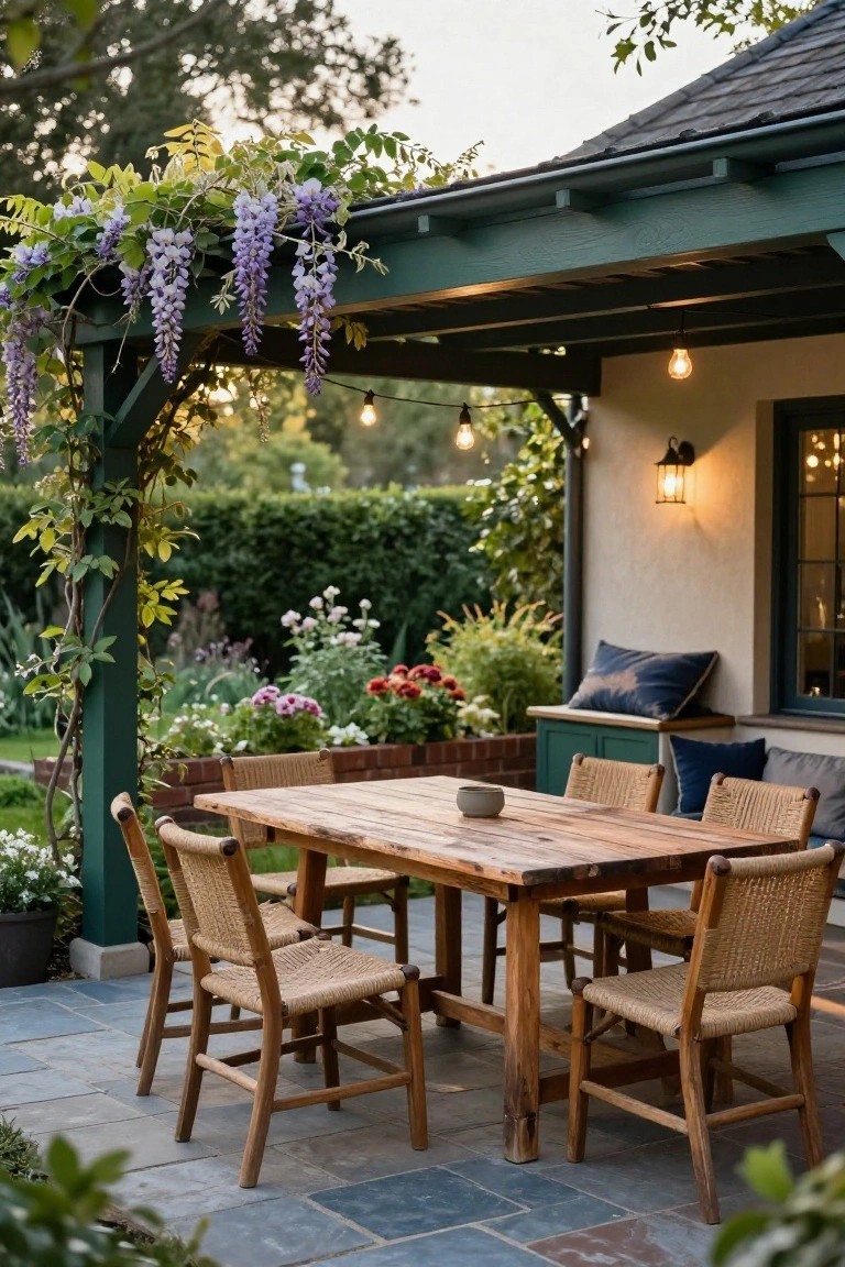 Wooden dining table and rattan chairs on a bluestone patio under a green pergola draped with purple wisteria vines, adjacent to a beige house wall with garden beds and navy cushions on a bench.
