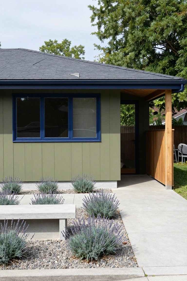 Side view of a single-story house with sage green horizontal siding, navy blue window frames and trim, dark gray roof, wooden entry porch with post and panel, concrete bench, lavender plants in gravel beds, and concrete walkway.
