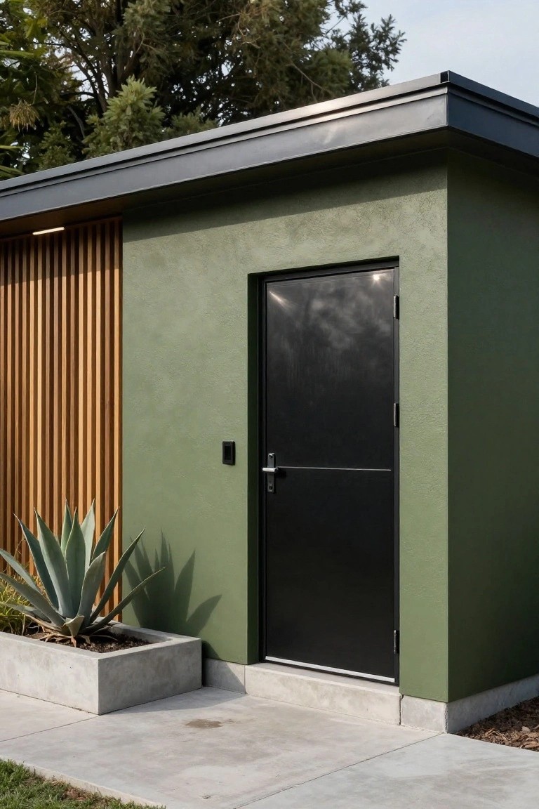 Green stucco wall of a small modern outbuilding with vertical wooden slats, matte black steel door, wall button, and agave plant in concrete planter next to a concrete path.