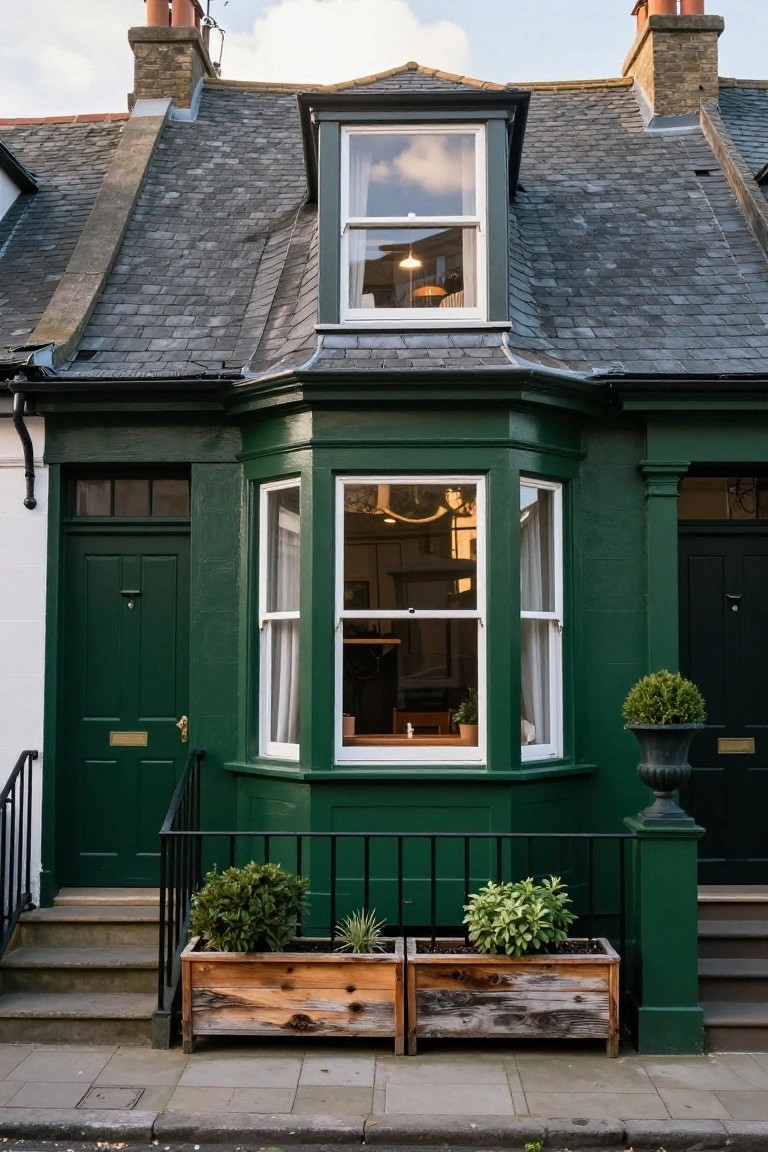 Front exterior of a two-story terraced house painted deep green with a bay window, paired green front doors, black railings, topiaries, and wooden planter boxes on the steps.