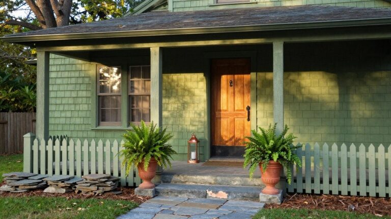 Green shingle-sided house exterior with wooden front porch, double-panel wooden door, potted ferns and ivy plants, copper lantern, and slate stone path.