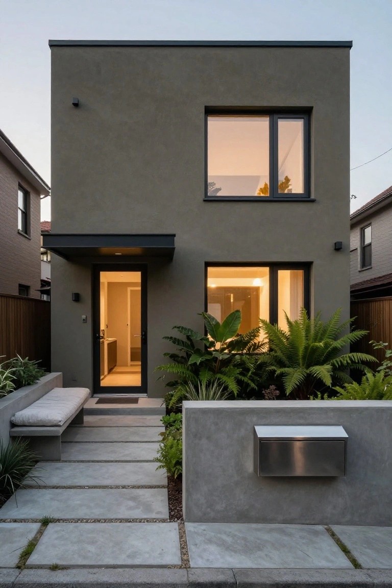 Front view of a two-story modern house with gray stucco walls, black metal-framed door and windows, cantilevered awning over the entry, lush ferns and palm plants in concrete beds, stone paver path, built-in bench, and stainless steel mailbox.