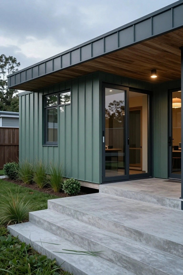 Side exterior of a small modern house featuring green corrugated metal siding, timber ceiling overhang with recessed light, black-framed sliding glass doors, concrete entry steps, and low native grasses nearby.