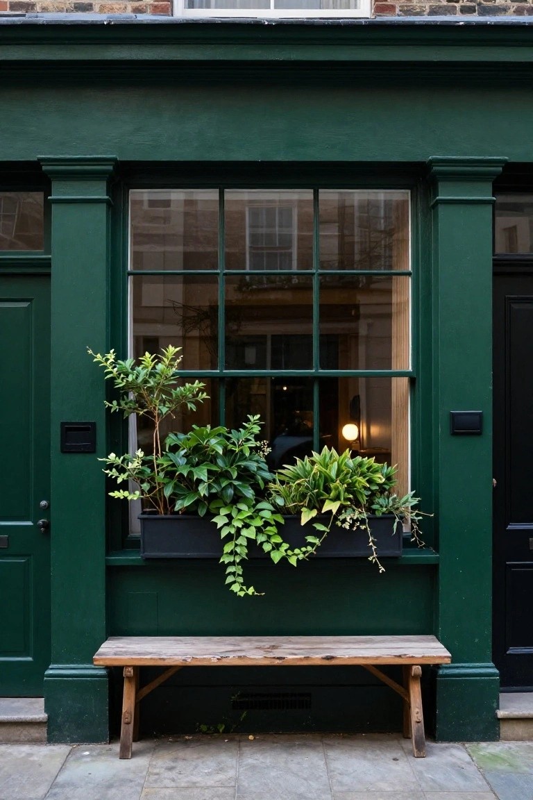 Dark green painted terraced house exterior with white-framed multi-pane window, overflowing black window box of green plants, flanked by green doors and pillars, wooden bench on stone pavement in front.