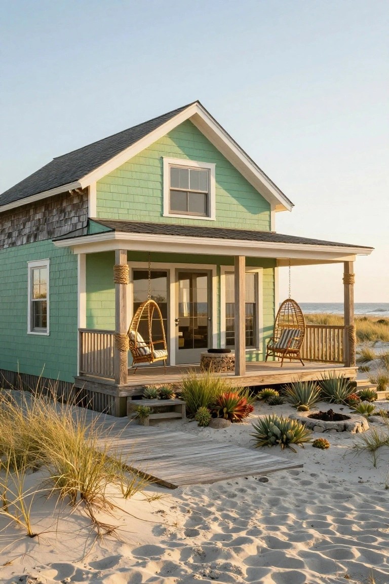 Mint green shingled beach cottage with wraparound porch, hanging wicker chairs, rope-wrapped posts, dune grass, succulents, and fire pit on sandy shore at sunset.