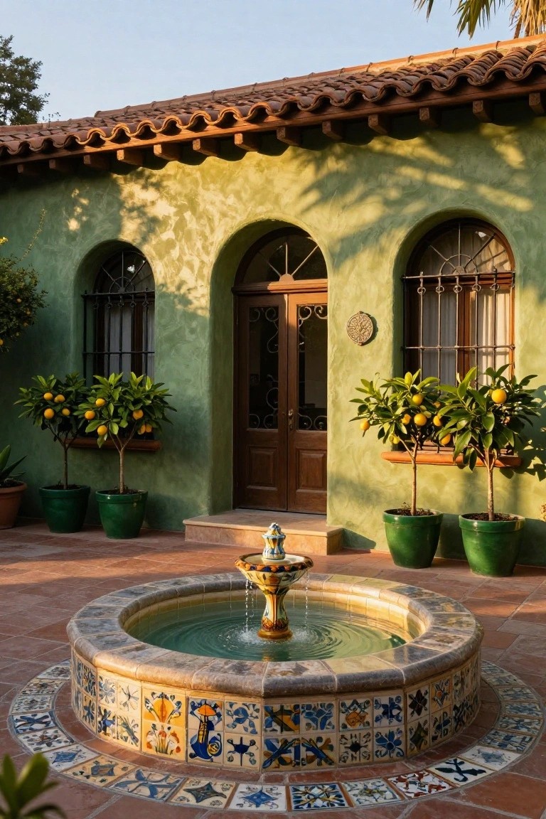 Lime green stucco house exterior with arched iron-grilled windows, wooden entry door, potted lemon trees on either side, and a colorful tiled fountain in the terracotta-paved courtyard.