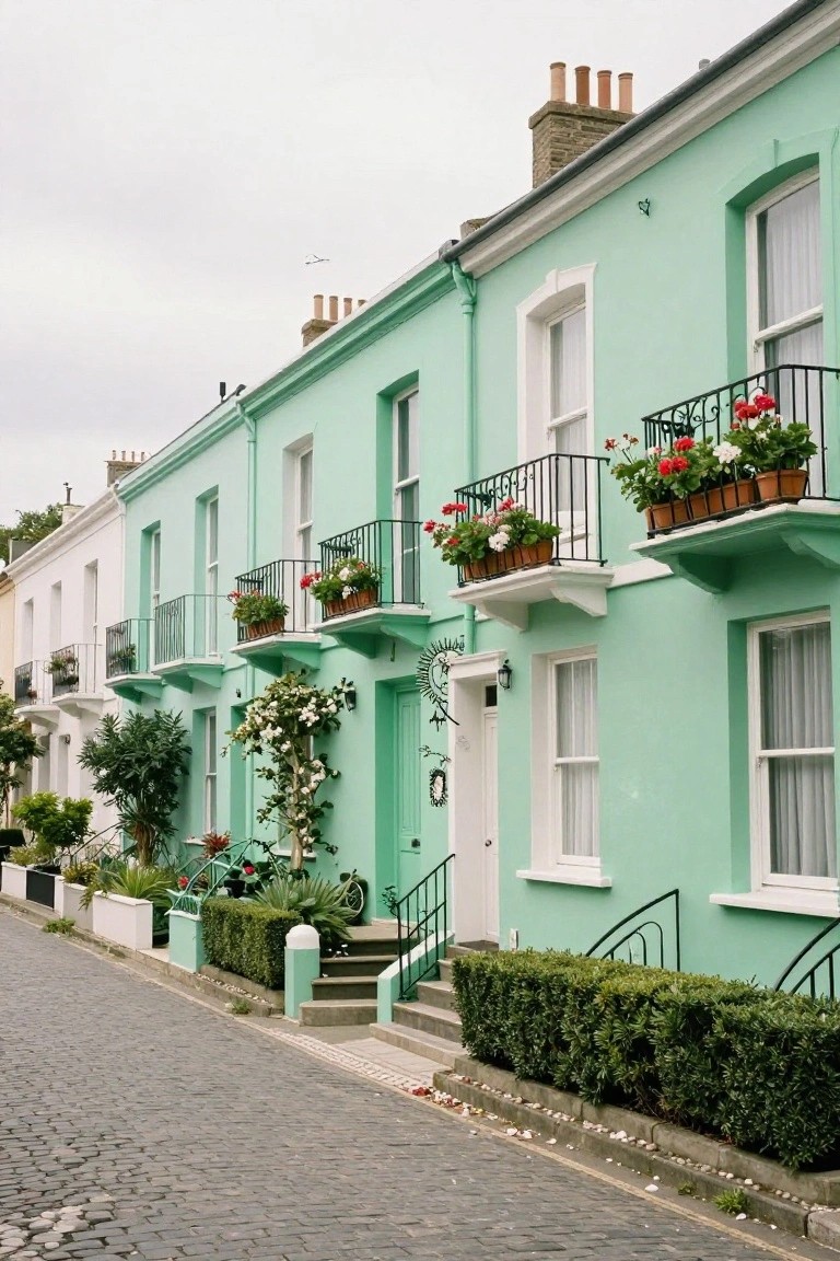 Row of mint green terraced houses with white trim, wrought iron balconies holding red flower boxes, climbing roses at the front door, potted plants, a bicycle, low green hedges, and a cobblestone street.