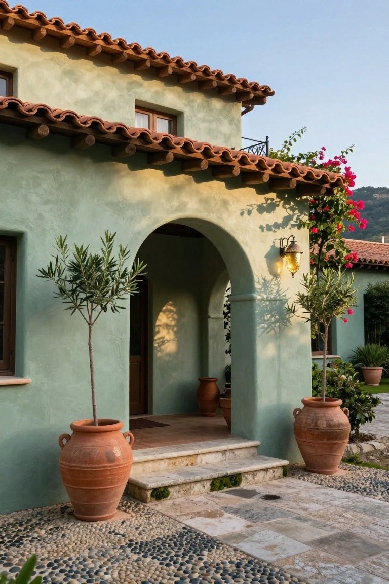 Sage green stucco house exterior with terracotta tile roof, arched entry doorway flanked by large terracotta pots containing olive trees, wall lantern, stone steps, and pebble ground cover.