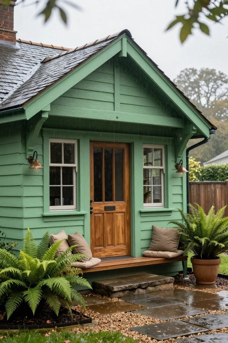 Small sage green clapboard garden shed with white windows, oak door, brass lanterns, cushioned bench on porch, potted ferns, stone steps, and gravel path surrounded by greenery on a rainy day.