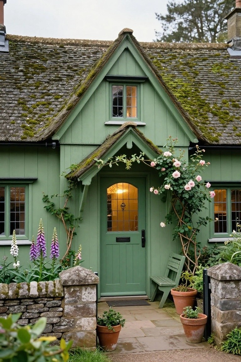 Quaint green clapboard cottage with mossy gabled roof, leaded glass windows, arched green front door, climbing pink roses on porch, foxglove plants, potted flowers, and stone boundary wall.