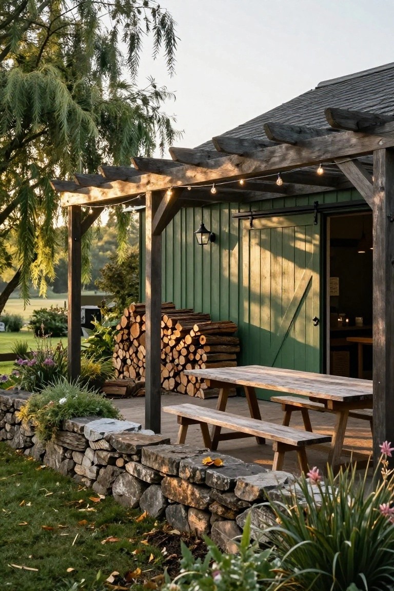 Green board-and-batten shed with open sliding barn door under wooden pergola with string lights, rustic picnic table and benches on patio, stacked firewood, stone retaining wall, and garden plants beside grassy yard.
