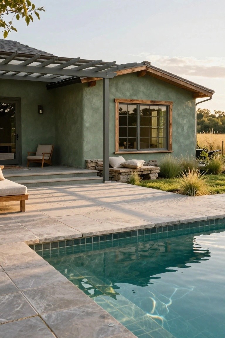 Sage green stucco house corner with wooden pergola, large window, outdoor chair, daybed, stone bench with cushions, grasses, and turquoise pool edged in travertine pavers at sunset.
