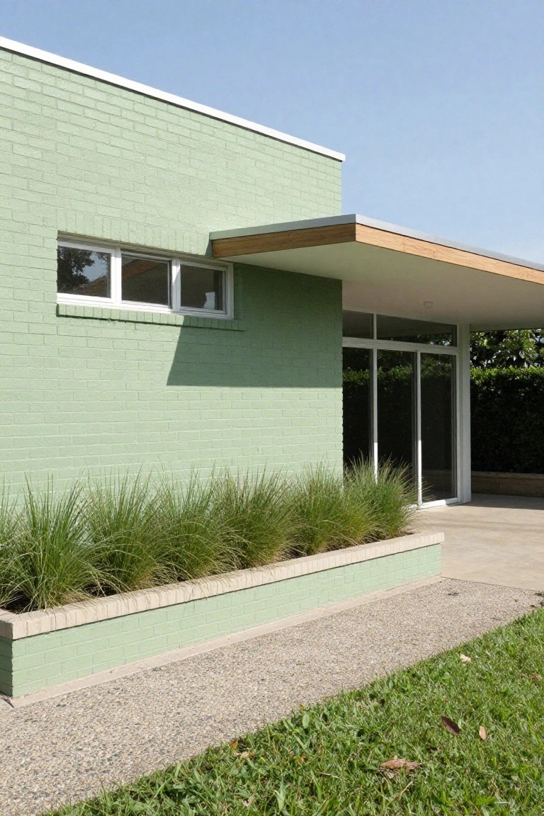 Side view of a single-story house with light green brick walls, white-trimmed horizontal window, wooden cantilevered awning over glass sliding doors, tall ornamental grasses in a brick-edged planter bed at the base, gravel path, hedge, and lawn.