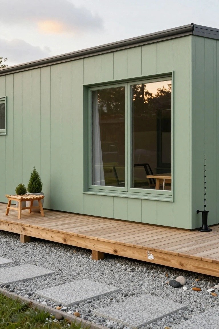 Green painted vertical wood siding on a compact house exterior with a large window, wooden deck, potted conifer plants on a stool, gravel path, and boot scraper.