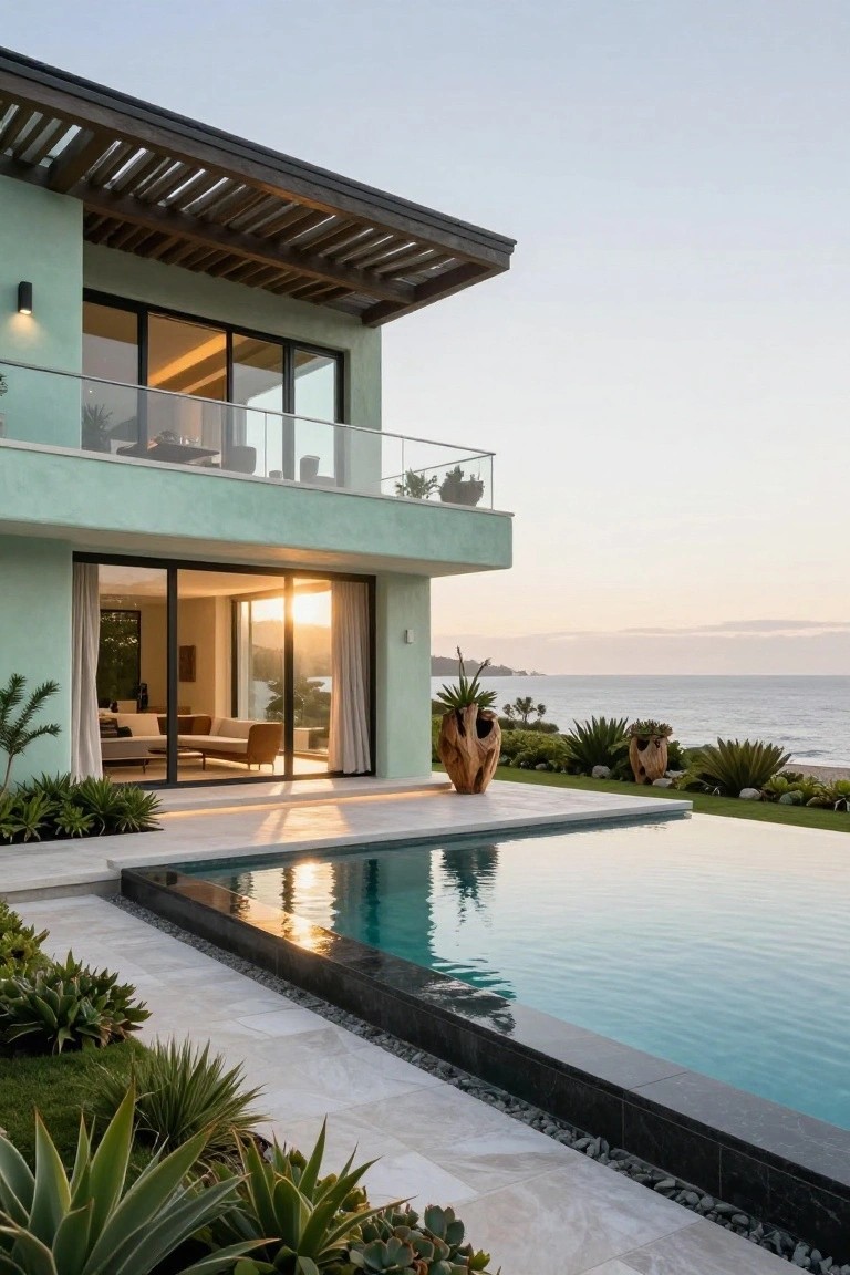 Pale green stucco two-story house with wooden slat pergola, glass balcony railing, large sliding glass doors, adjacent infinity-edge pool, tropical plants, and ocean view at sunset.