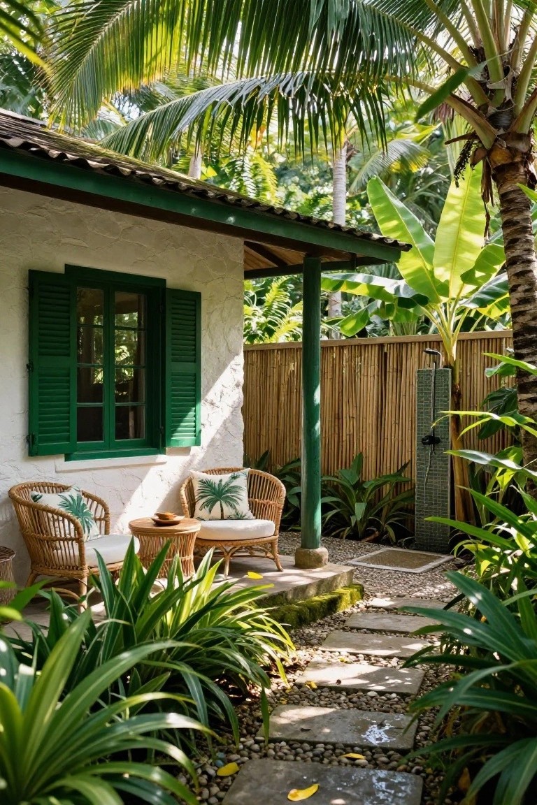 White stucco wall of a tropical bungalow with green shutters and trim, featuring a covered porch with two rattan chairs cushioned in palm prints around a small round table, lush plants, stone path, bamboo fence, and outdoor shower.