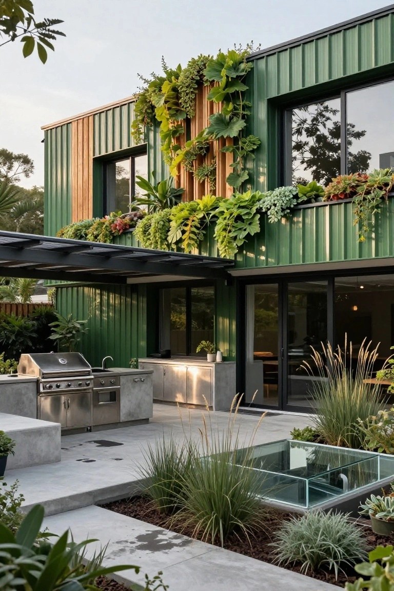 Green corrugated metal house exterior with wooden accents, large windows, vertical plant wall on trellis, outdoor kitchen under black pergola, concrete patio, and surrounding grasses and plants.