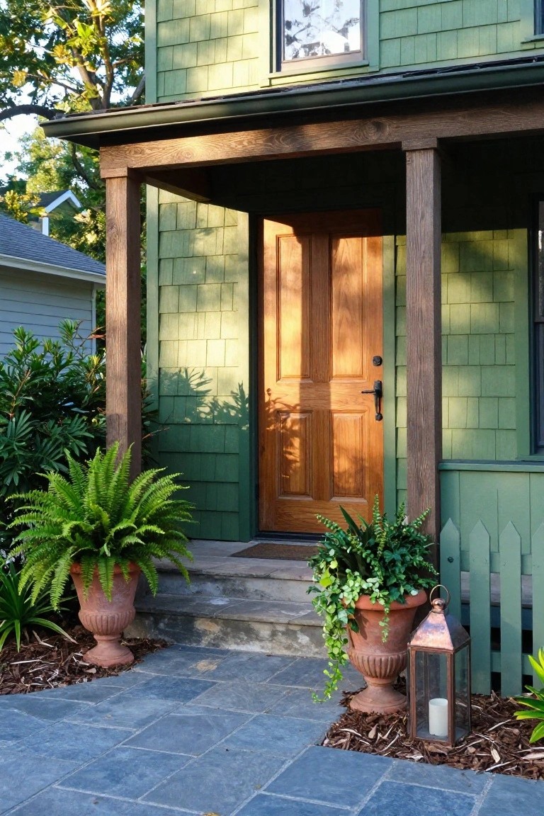 Green shingle-sided house exterior with wooden front porch, double-panel wooden door, potted ferns and ivy plants, copper lantern, and slate stone path.