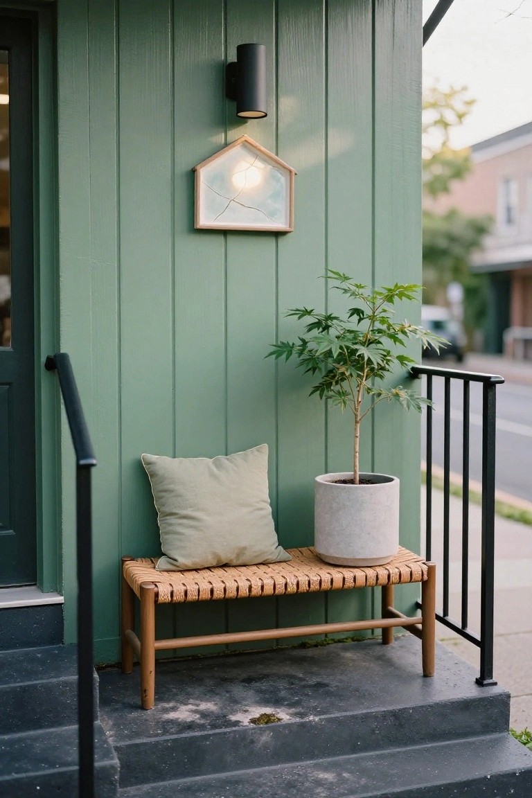 Green painted shiplap exterior wall next to a black front door with railing and steps, featuring a black wall sconce, framed house artwork, rattan bench with green pillow, and concrete potted tree on the landing.