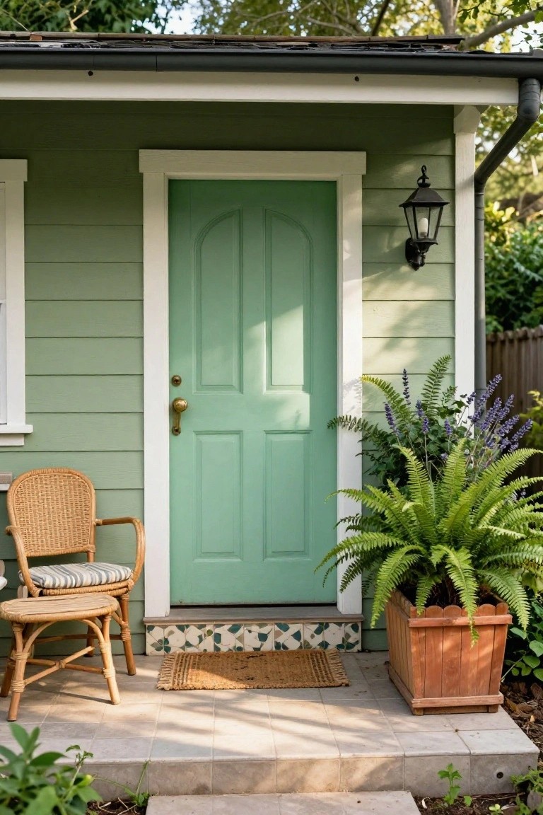 Mint green clapboard house with matching paneled front door, brass knob, black lantern light, wicker armchair and side table on tiled porch steps, doormat, large potted fern and salvia plants beside door, surrounded by greenery.