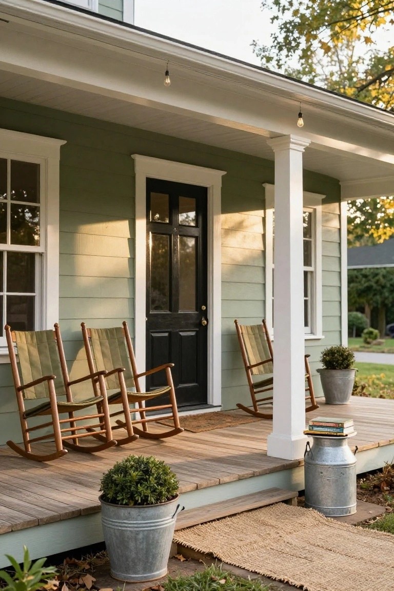 Green clapboard house with white trim and black front door has a wooden porch lined with four rocking chairs, potted boxwoods in galvanized buckets, stack of books and milk can table by white porch column, sisal rug on steps.