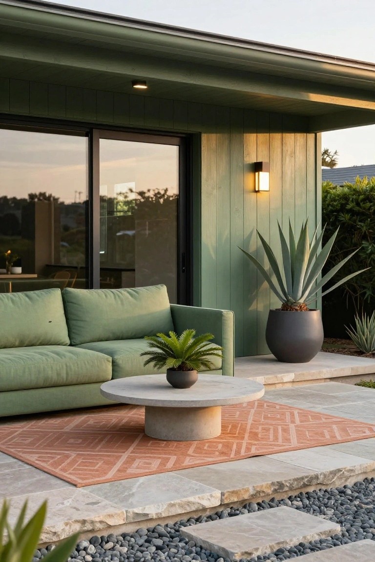 Green vertical board-and-batten house wall with black sliding glass doors opening to a patio with L-shaped green fabric sofa, round concrete coffee table, orange geometric outdoor rug, potted ferns, and large potted agave plant.