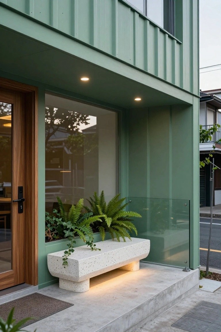 Concrete Porch Bench with Greenery
