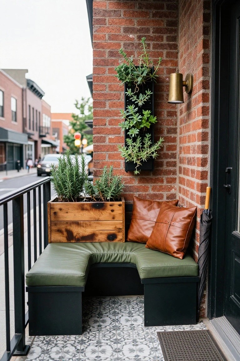 Brick exterior porch corner featuring a curved green leather bench with tan cushions on black bases, wooden planter box with rosemary plants, vertical black wall planter with succulents, brass wall light, black umbrella, metal railing, and patterned tile floor next to a dark door.