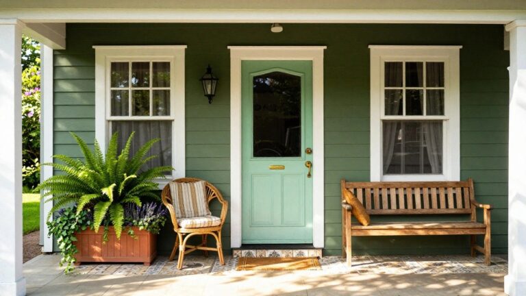 Mint green clapboard house with matching paneled front door, brass knob, black lantern light, wicker armchair and side table on tiled porch steps, doormat, large potted fern and salvia plants beside door, surrounded by greenery.
