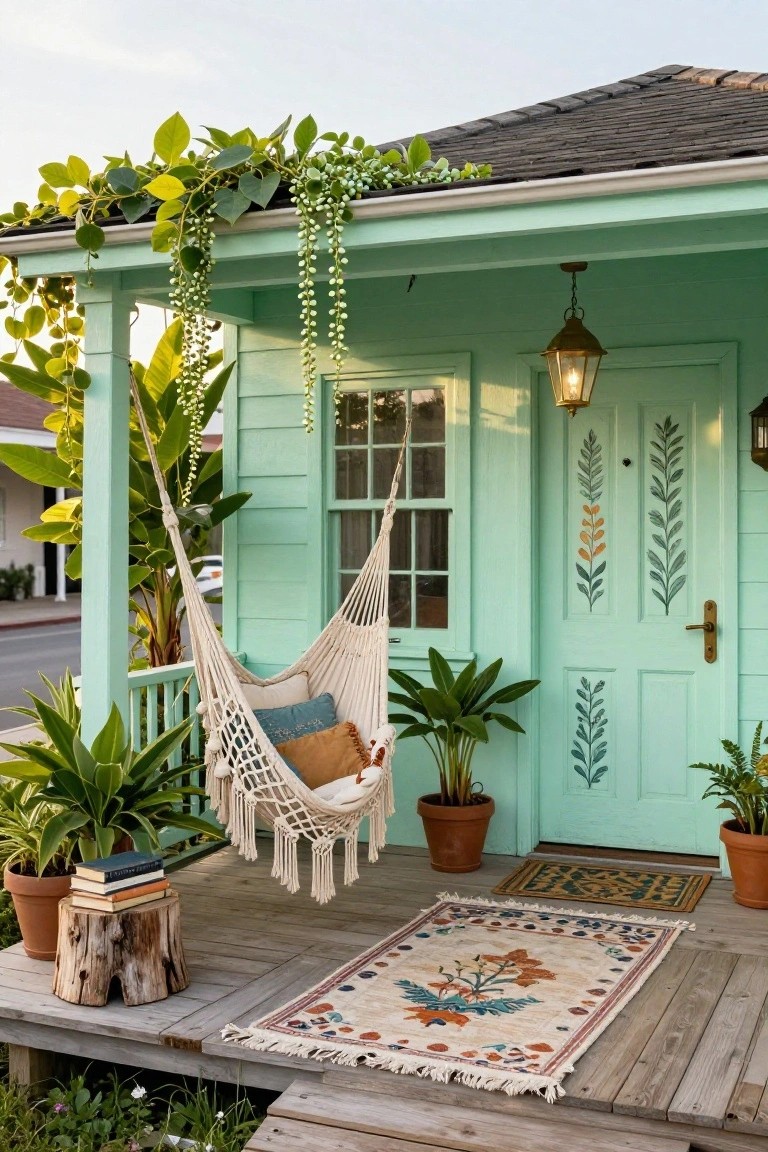 Mint-green painted house front porch with hanging white knotted hammock containing pillows, potted plants, trailing vines from eaves, brass lantern light, leaf-motif door, stump table with stacked books, and patterned rug on wooden deck.