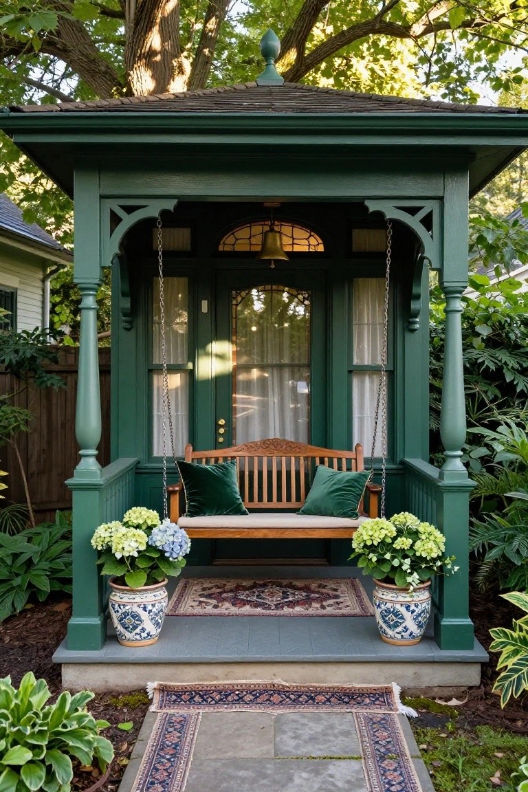 Green painted gazebo-style porch structure with wooden hanging swing bench cushioned in green velvet, flanked by white and blue hydrangeas in ceramic pots on stone steps with patterned rugs, surrounded by greenery and trees.
