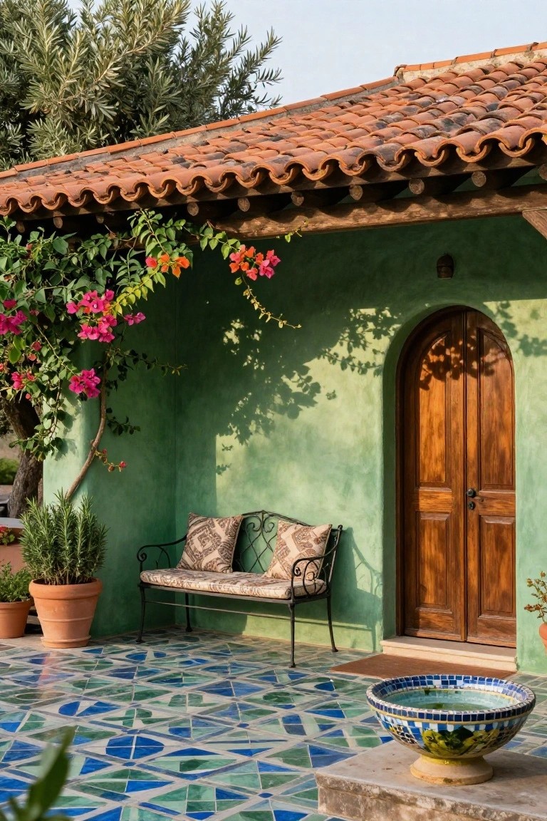 Green stucco porch wall with arched wooden double door, metal bench with patterned cushions, blue and green geometric mosaic tile floor, pink bougainvillea vines overhead, potted rosemary plants, and a large decorative blue bowl.